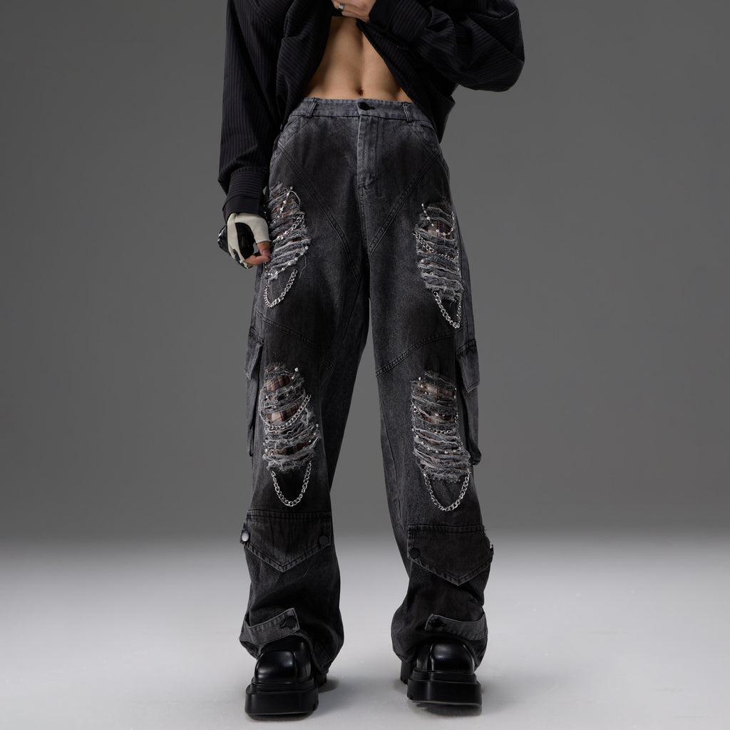Jeans Denim Détresse Rétro avec des pantalons de travail Pearl and Metal Hardware