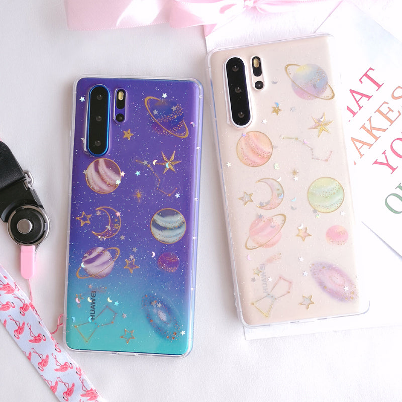 Cas de téléphone de planète de sequin transparent