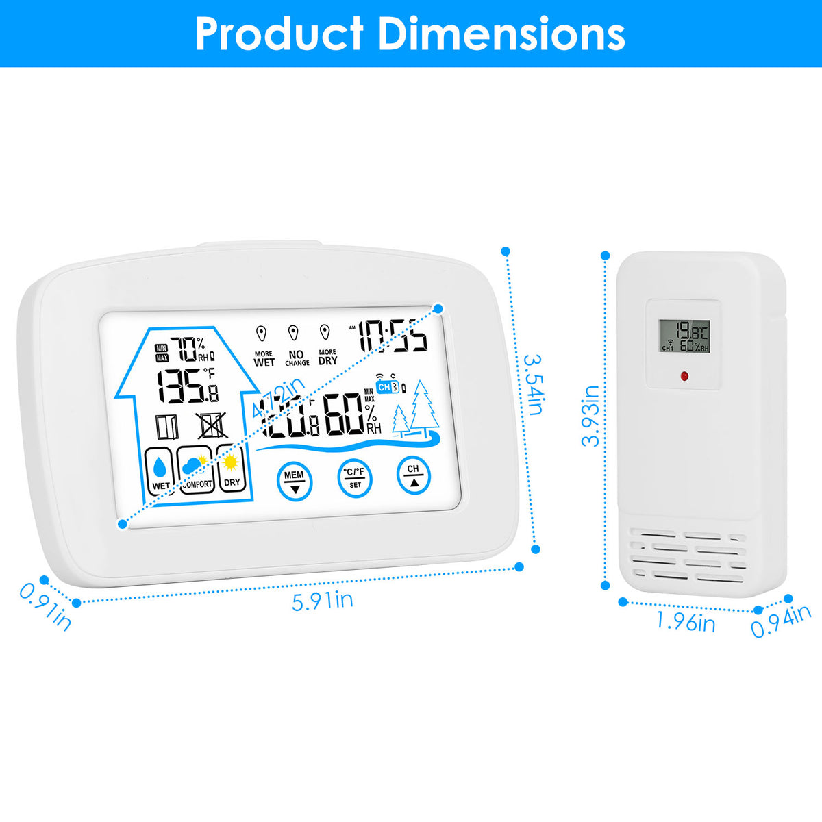 1Pc station météorologique sans fil avec horloge 196FT gamme intérieure détecteur de thermomètre extérieur Temp