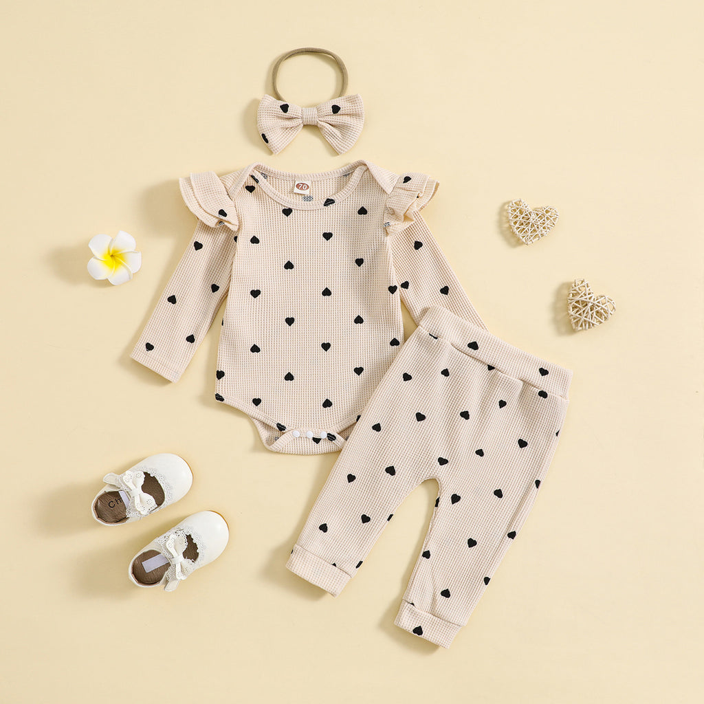Printemps et automne Suit Heart Printing Waffle Sweat à manches longues Pantalon Pantalon Bande de cheveux Trois