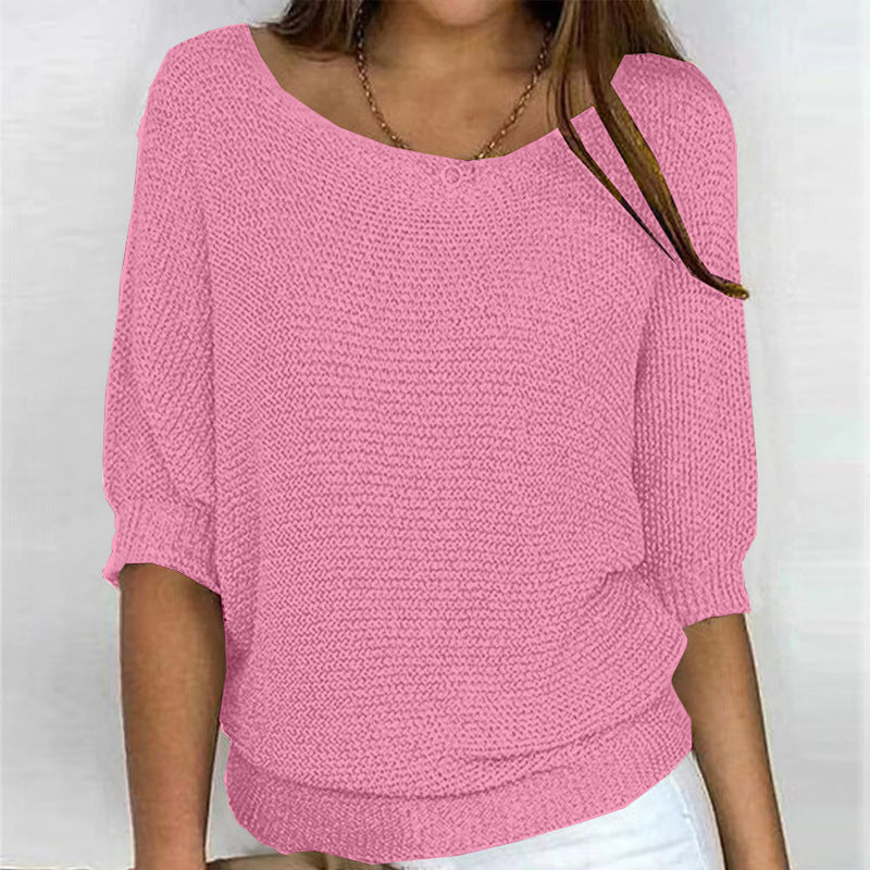 Tri-quart Sleeve Pullover Sweater Mode Couleur unie Coupe en tricot rond pour