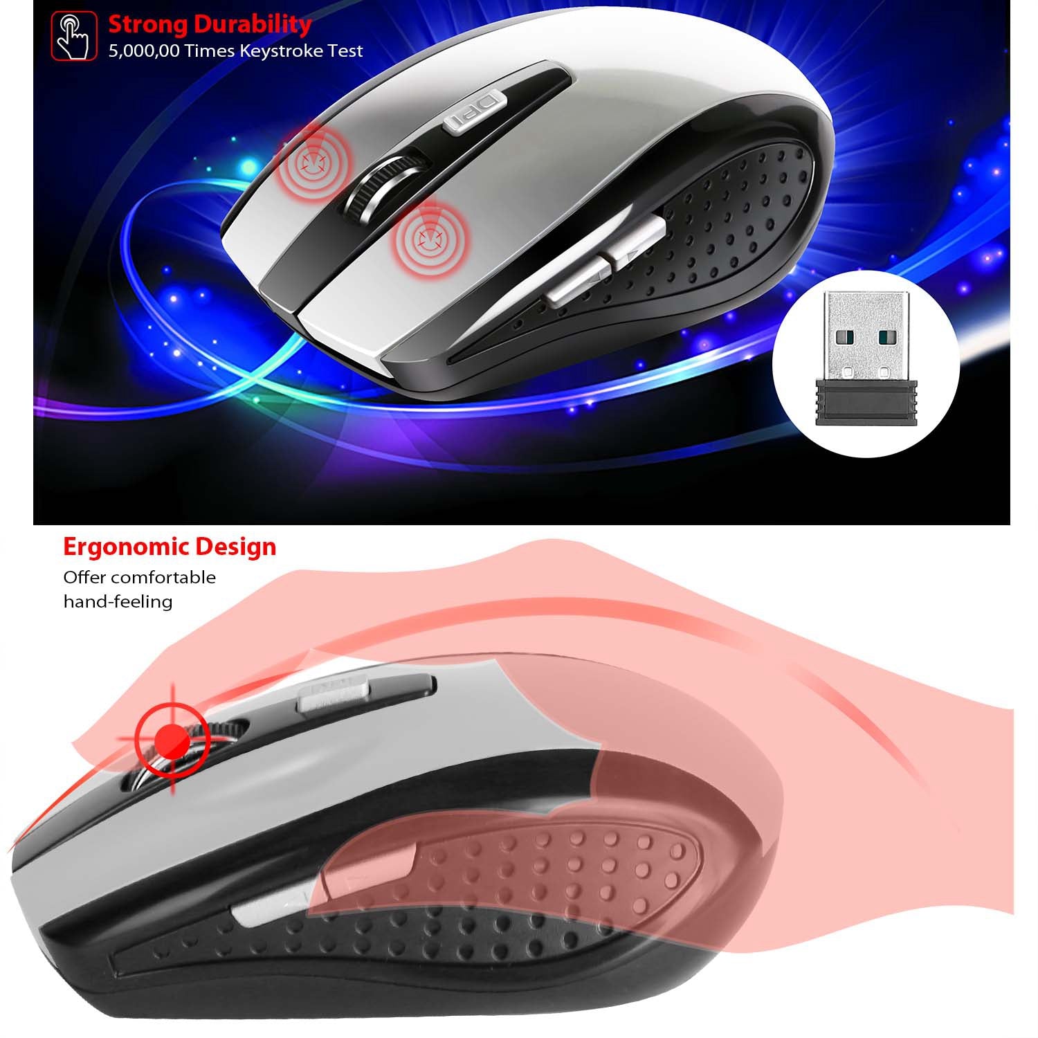 2.4G Souris de jeu sans fil optique Mice With Receveur 3 DPI réglable 6 boutons pour PC La