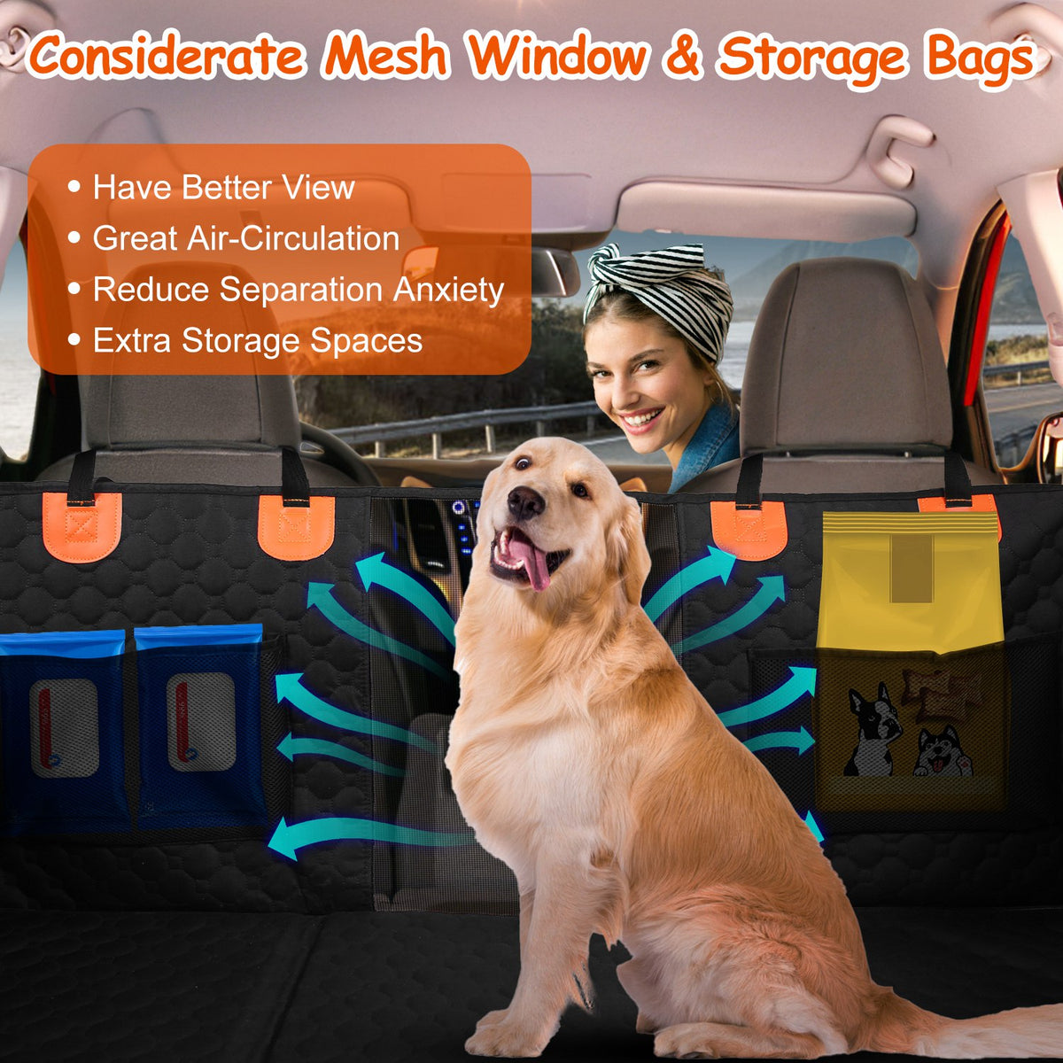 Housse de siège arrière pour voiture de chien avec fermeture à glissière Mesh Sacs de rangement étanche 600D Oxford