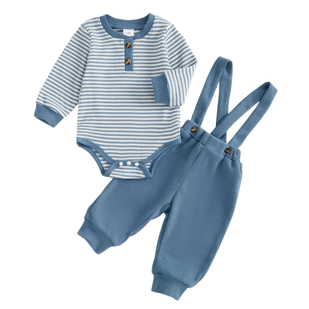 Waffle Striped Mesh Long Sleeve Suspender Pants