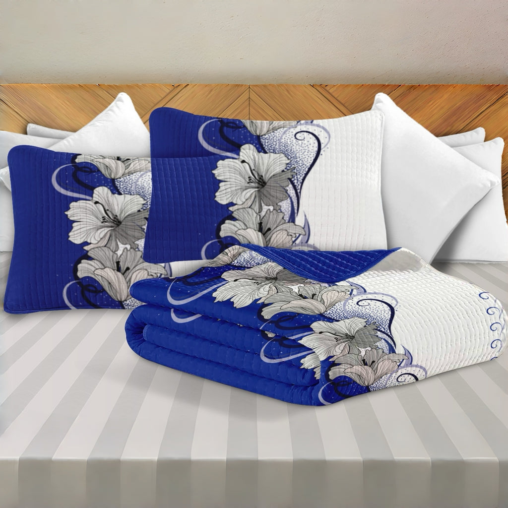 9-Piece bleu et blanc lotus couvre-lit et rideau pour roi