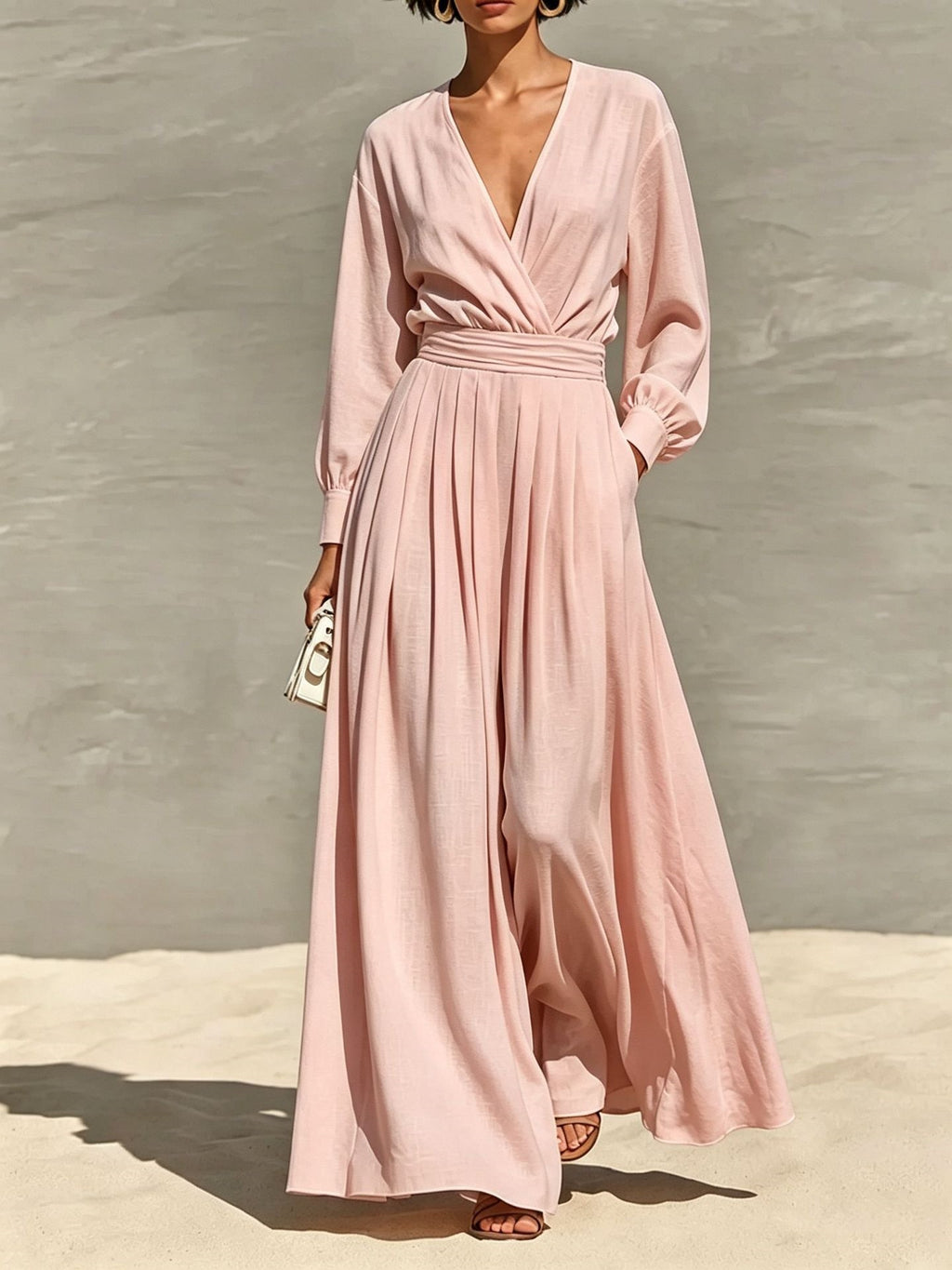 Robe de saut en V coiffée couleur solide pour femmes