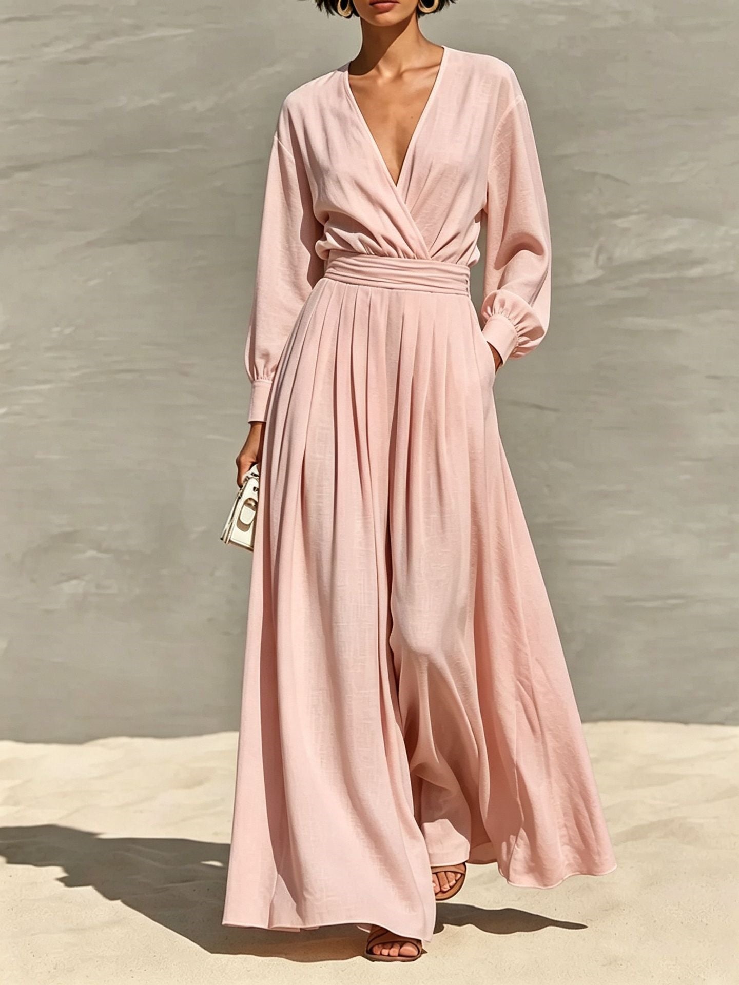 Robe de saut en V coiffée couleur solide pour femmes