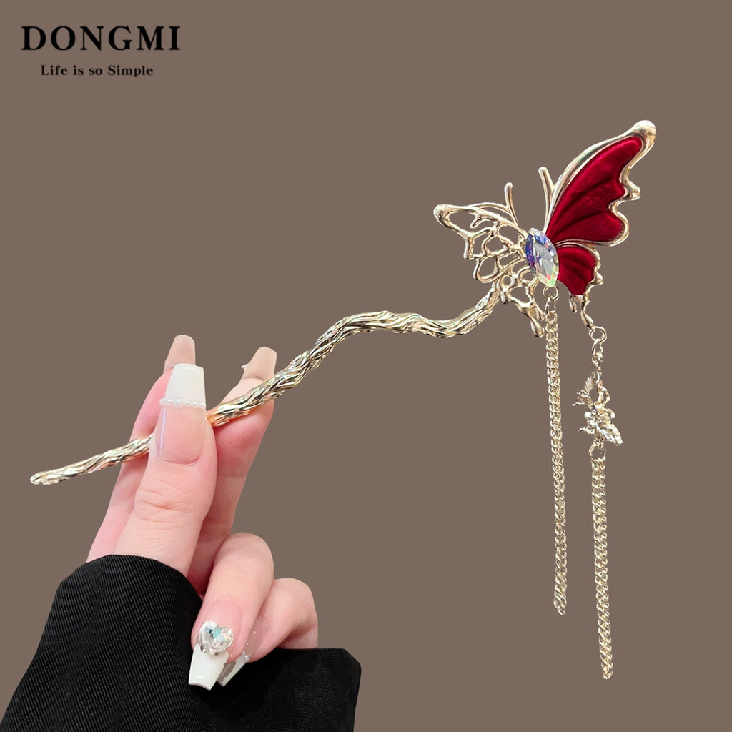AutumnWinter Flocked Red Flower Hair Stick for Women Ma Mian Style