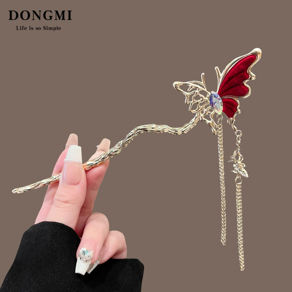 AutumnWinter Flocked Red Flower Hair Stick for Women Ma Mian Style