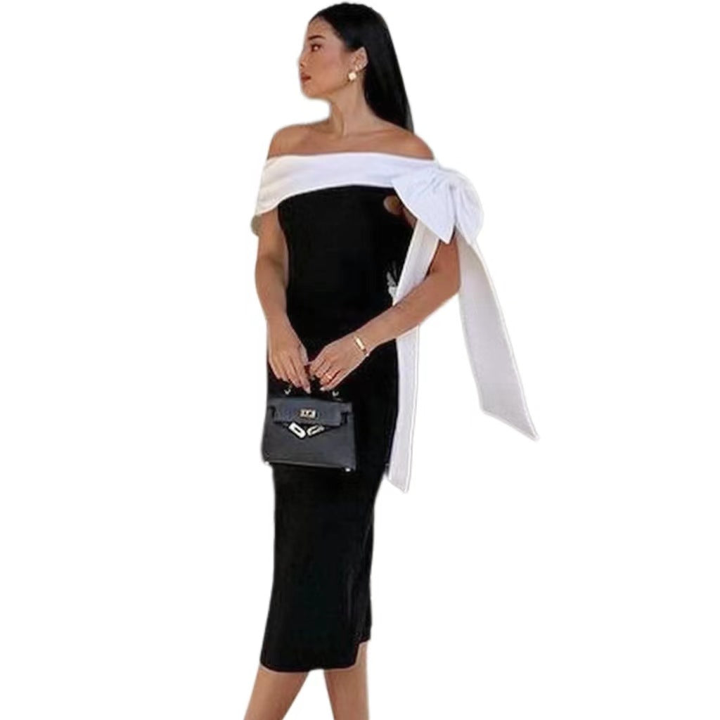 Femmes hors-épaule Bow noir et blanc couleur assorti Elégant robe de cocktail