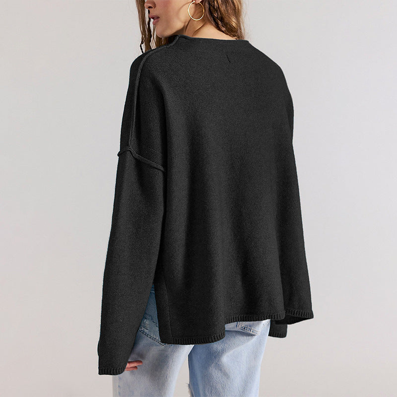 Women's Relaxed Long Sleeve Knit Pullover Sweater with Side Slits