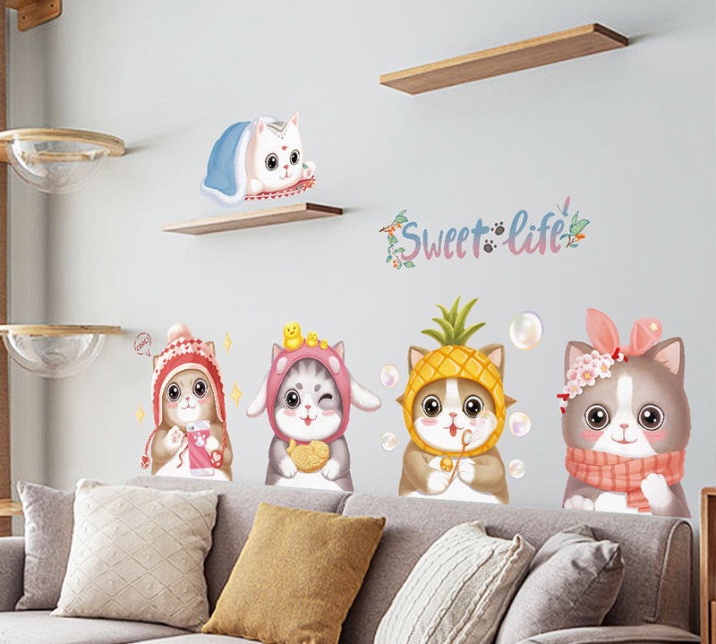 Stickers Armoire Cat Cartoon Stickers Décoration de chambre Créative Stickers Mur Litter Cat