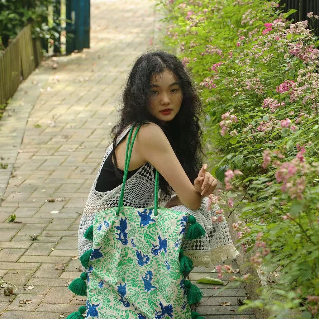 Sac en toile de tassel contrast-colore style chinois