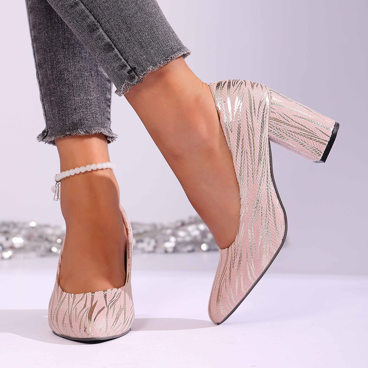 Les femmes pointu orteil Chunky talon slip-on Léopard Imprimer Rose Pompes à talons hauts