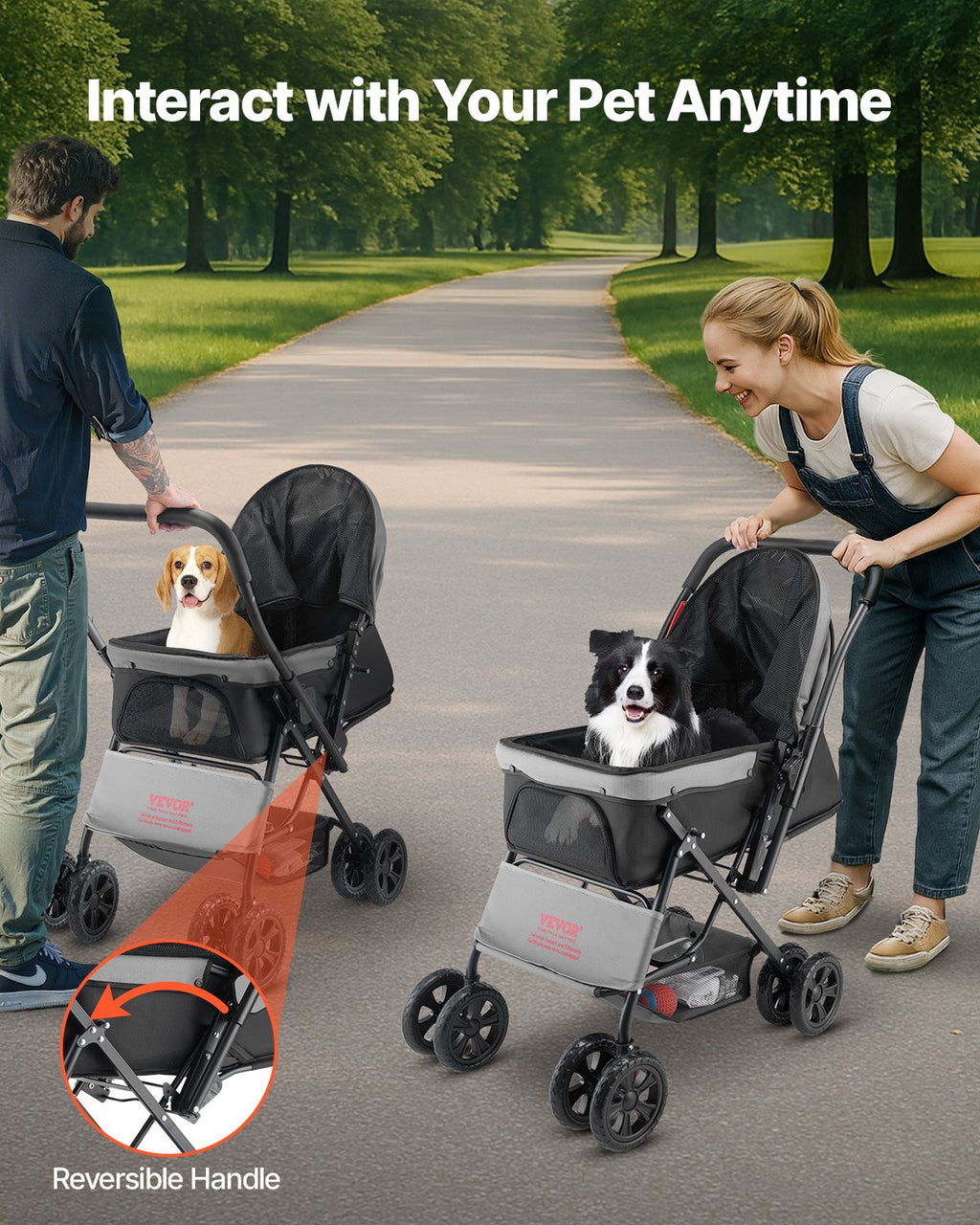Poussette pour chien pliable 4 roues Poussette pour chien de voyage Poignée réversible jusqu'à 44lbs