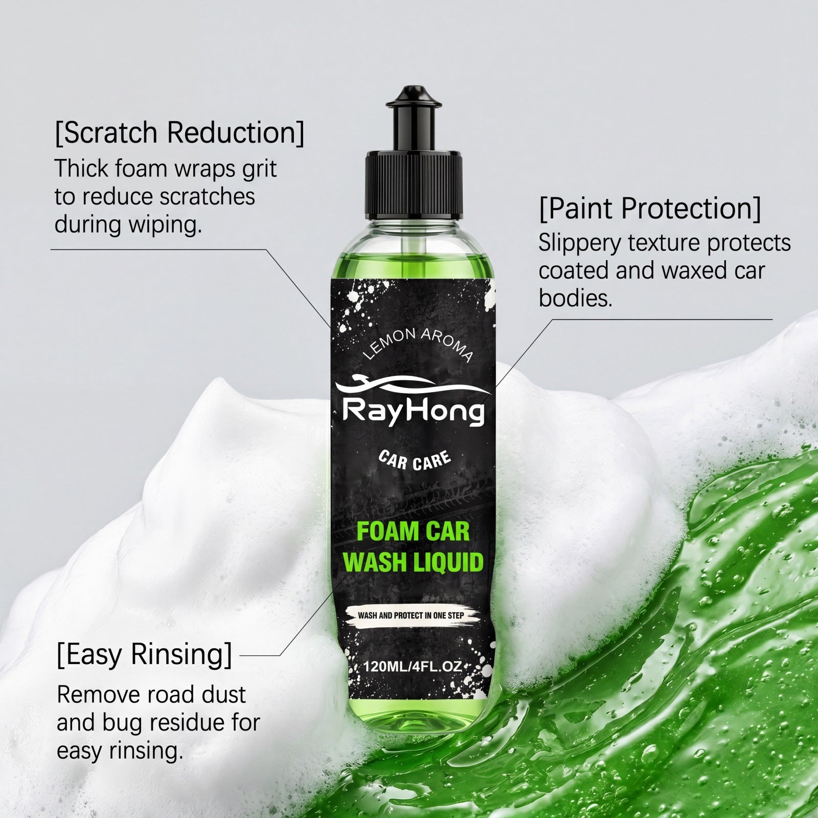 RAYHONG Mousse Laver la voiture Solution de nettoyage quotidien liquide pour enlever les étamines