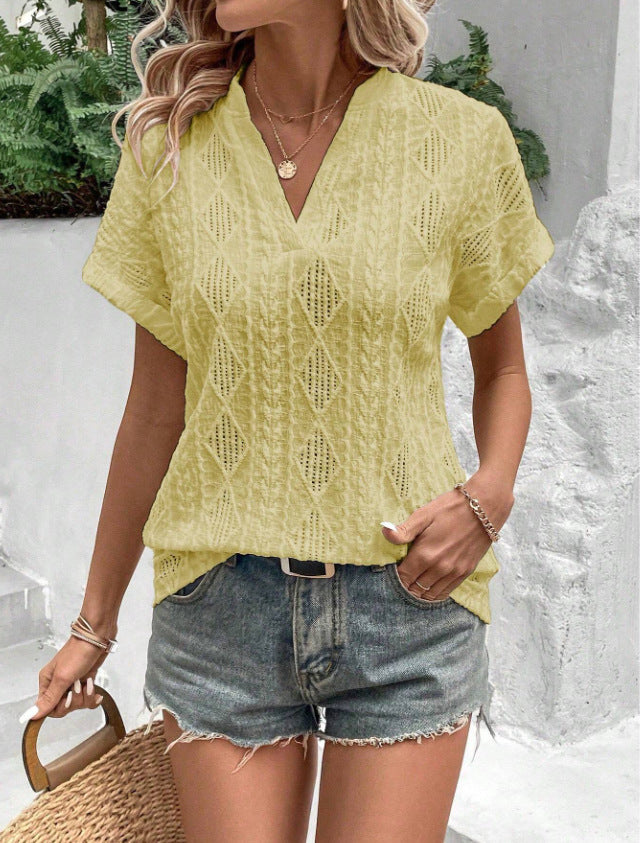European and American Summer Casual Hollow Jacquard V-Neck Loose Shirt à manches courtes pour W