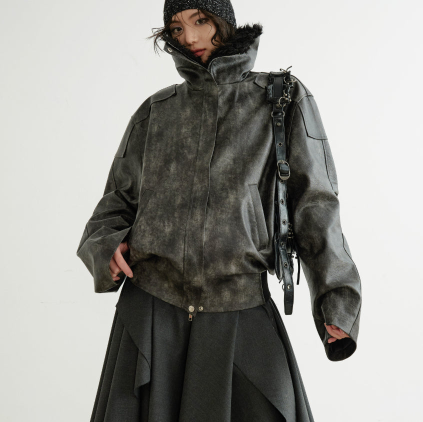 Veste en cuir PU faux col de tortue