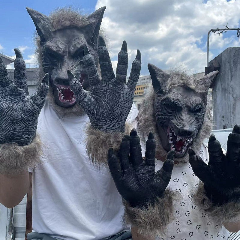 Gants de loup de tête de loup d'Halloween Masque de capot d'animaux