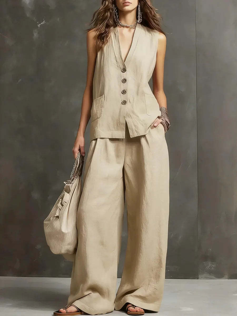 Arrivée Women S Set Veste sans manches et pantalons à jambes larges Ensemble de deux pièces en coton