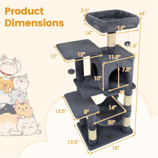 Arbre de chat multi-niveaux de 44" avec perche de dessus spacieuse