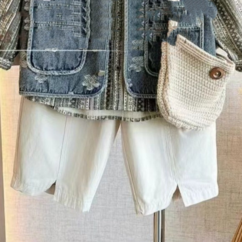 Retro embroidered Korean style denim shirt and pants