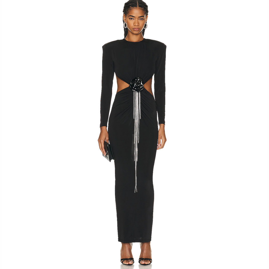 Sexy Backless Noir manches longues Hollow Flower Tassel Robe de décoration