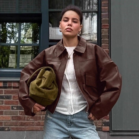 Retro AutomneHiver Vieux Style d'argent Veste en cuir pour les femmes