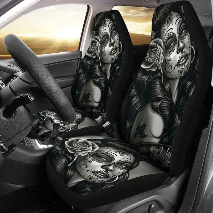 Couverture de siège de voiture noir et blanc tatoué femme haut dos