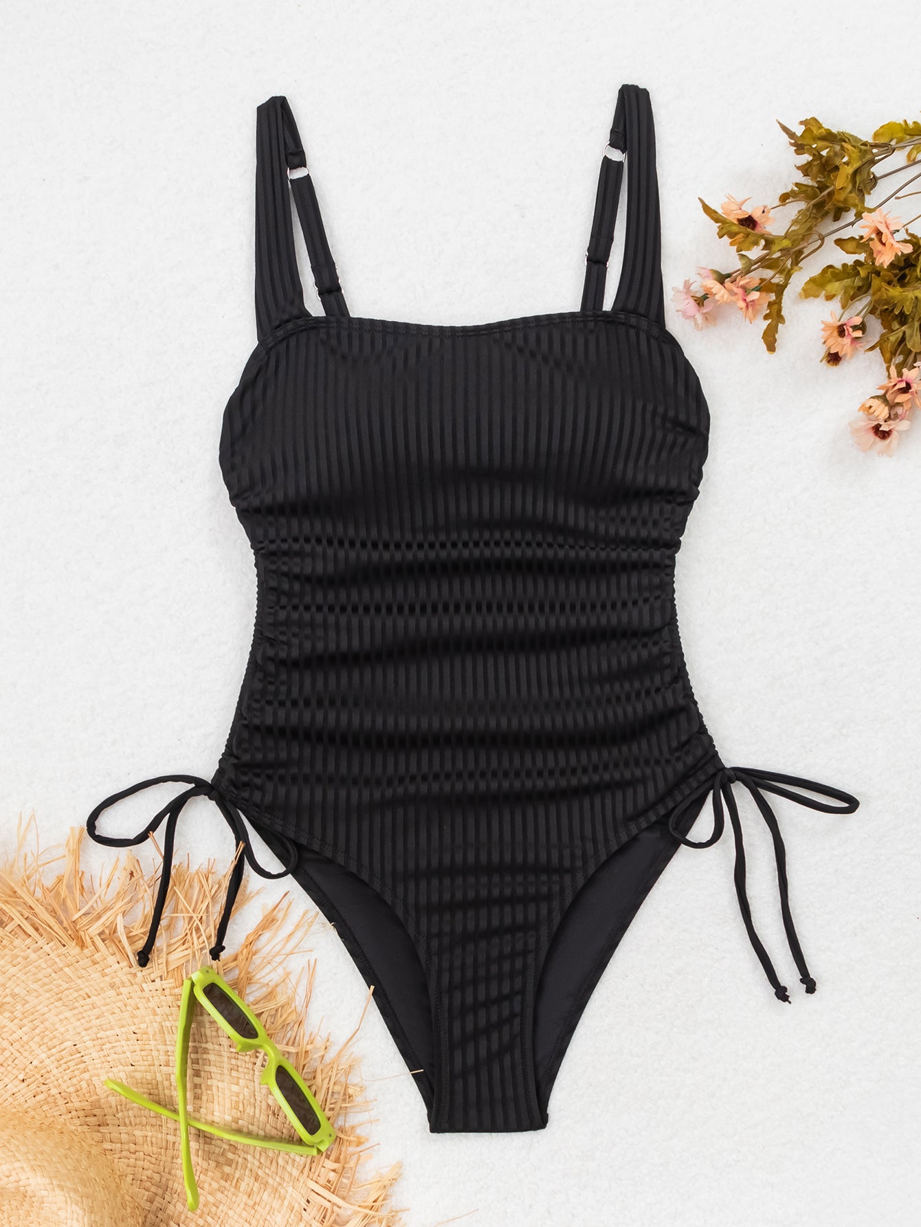 Cou carré côtelé Une pièce maillot de bain pour les femmes