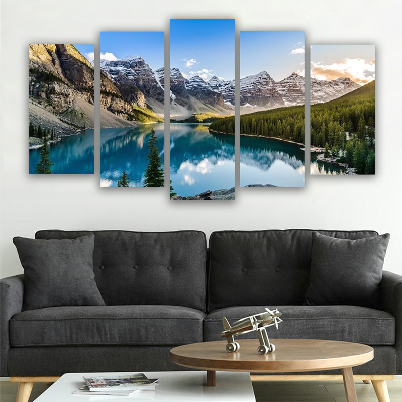 5 Pièces Toile Wall Arts Moraine Lac et Montagne Salon Modulaire Image Moderne Maison