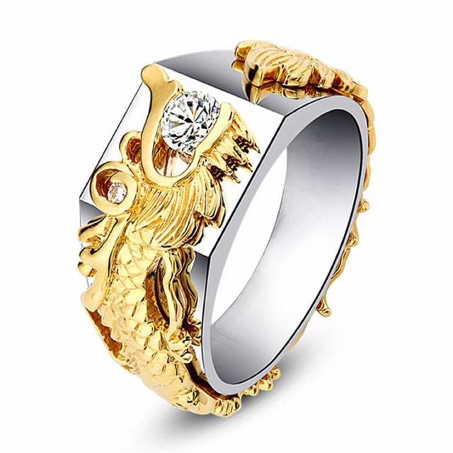Dominateur homme Dragon Pattern Deux couleurs Zircon Strass Ring Mode Punk Hip Hop