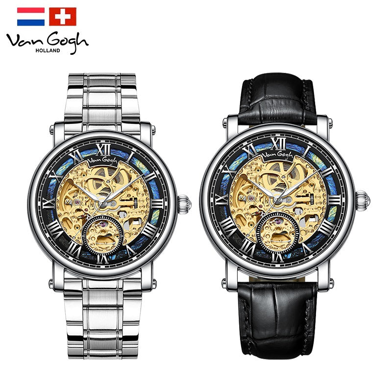 VAN GOGH Starry Night Series Cadran bleu Mouvement mécanique Skeleton Montre quotidienne étanche
