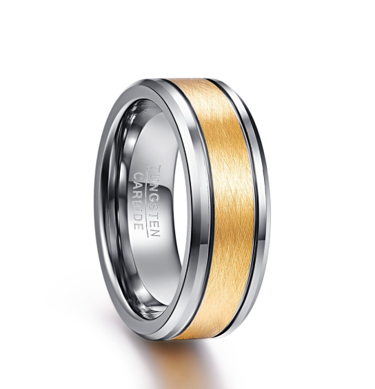 Hommes 8mm Or Couleur Brossé Centre Deux Grooves Tungsten carbure de mariage bagues de bande de mariage Bevele