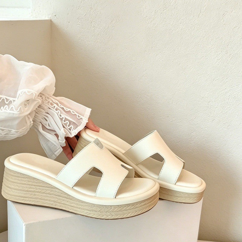 Femmes Été Wedge plate-forme Épaisseur semelle Pantoufles en cuir souple Wedge Casual Sandales Diapositive Fo