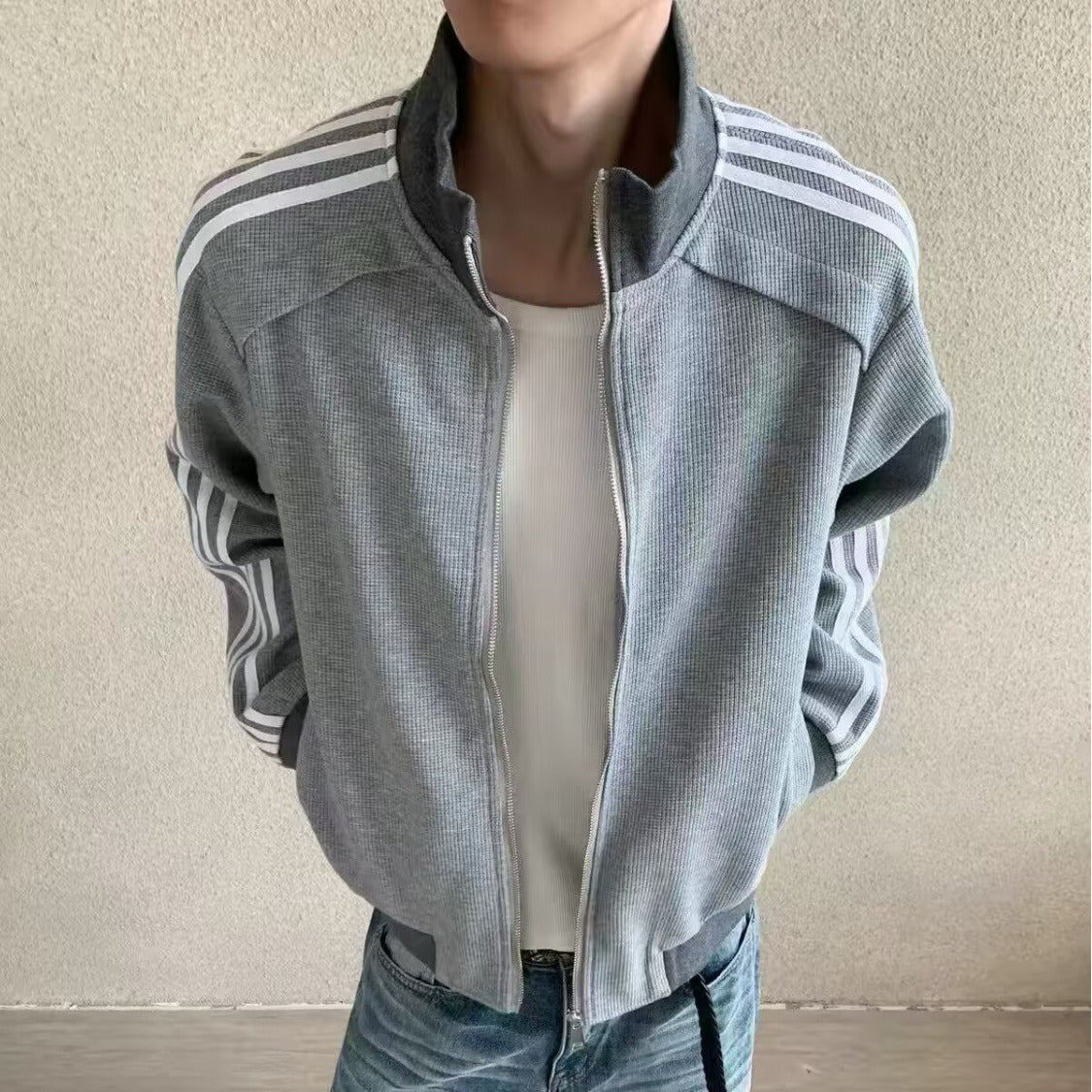 Patchwork rayé Stand-collar Hommes veste manches longues