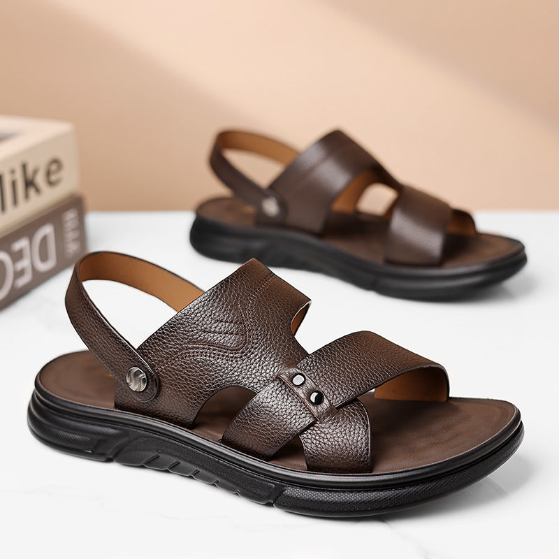 Chaussures de plage en cuir véritable respirant pour hommes Casual Soft Bottom Moyen-âge et personnes âgées