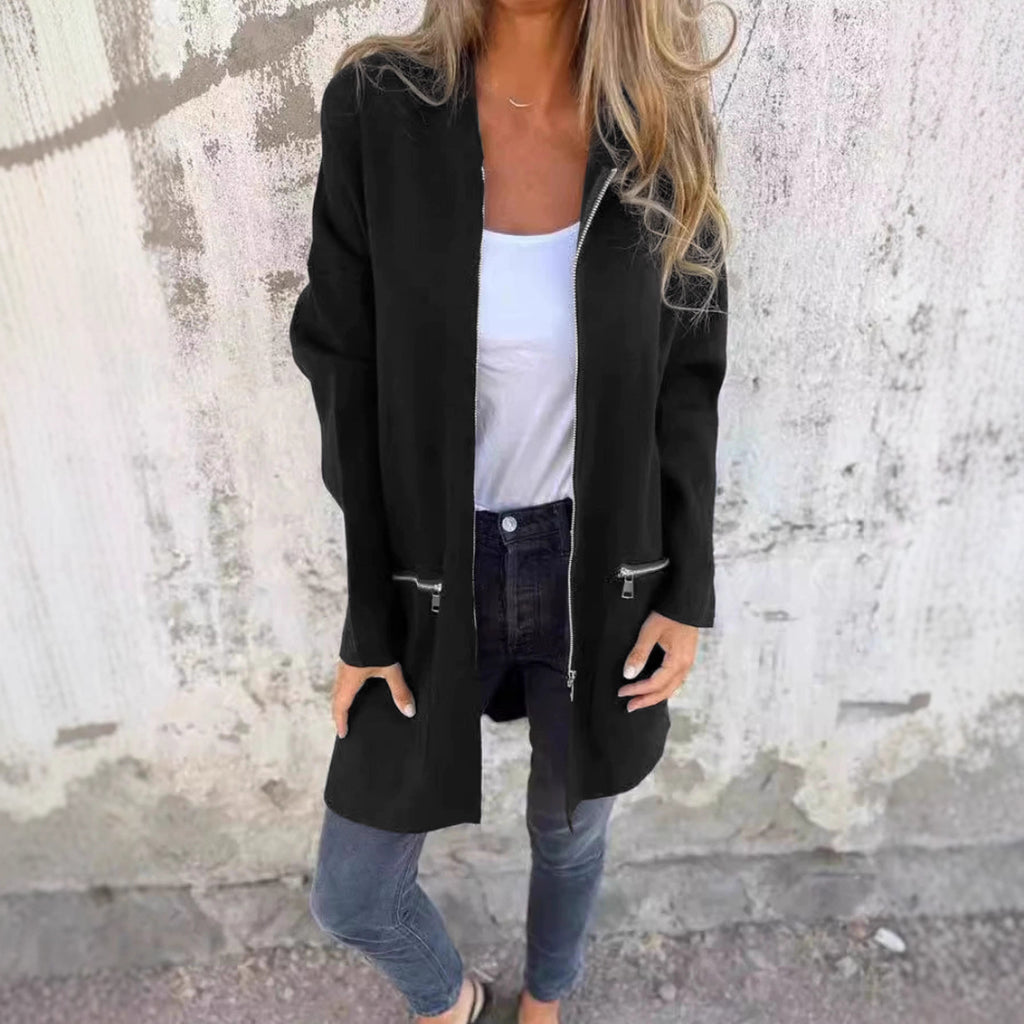 Femmes Long à capuche Cardigan ouvert devant Long Sleeve Casual Jacket Zip Pocket Loose Mid Lengt