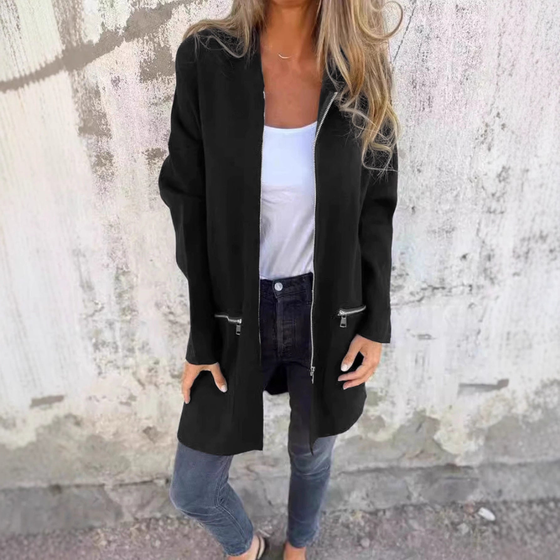 Femmes Long à capuche Cardigan ouvert devant Long Sleeve Casual Jacket Zip Pocket Loose Mid Lengt