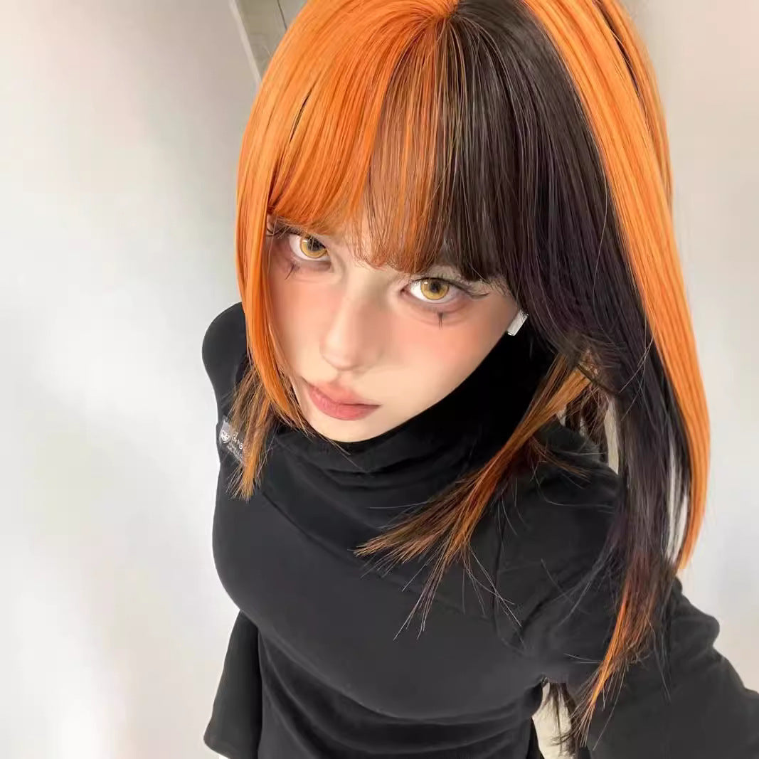 Femmes Noir et sale Orange Ombre Longueur-clavicule Y2K Perruque Cap
