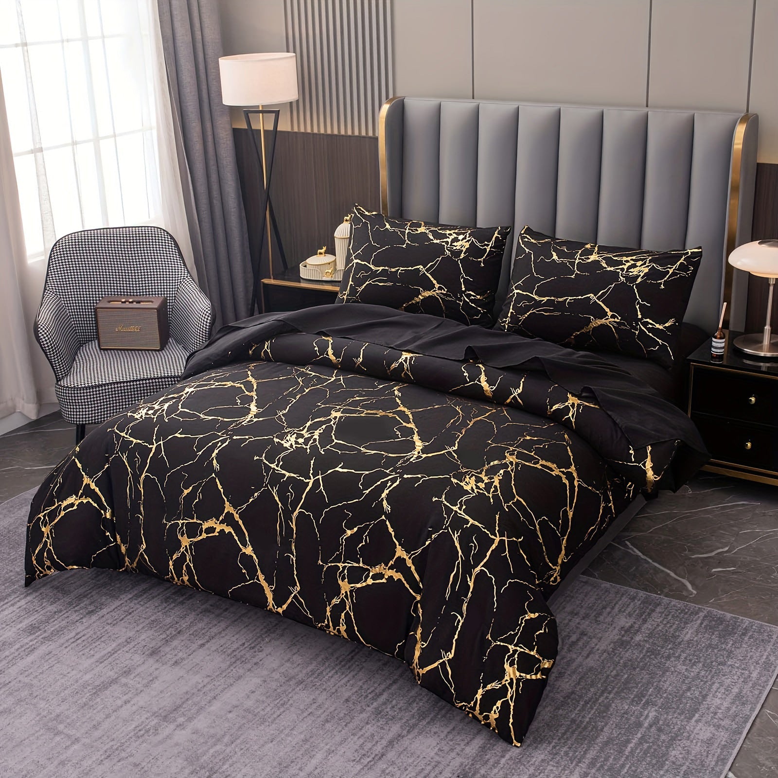Couverture de couette et taies d'oreillers en marbre marbré doré