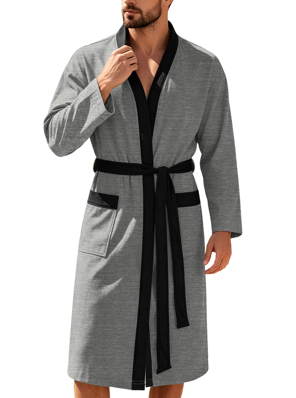 Hommes Twill Terry Cloth Casual Robe longue avec deux poches et cordon de serrage