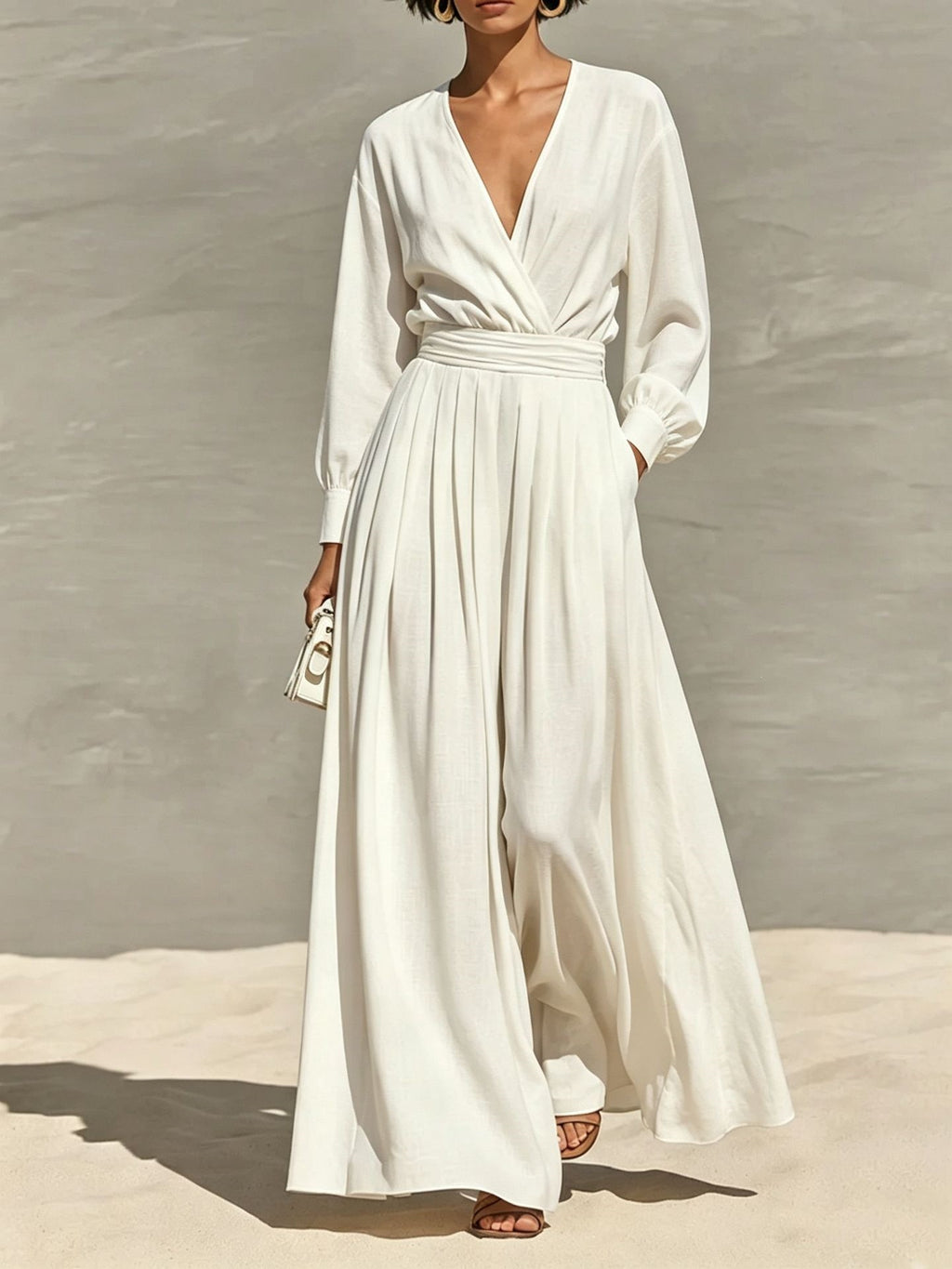 Robe de saut en V coiffée couleur solide pour femmes