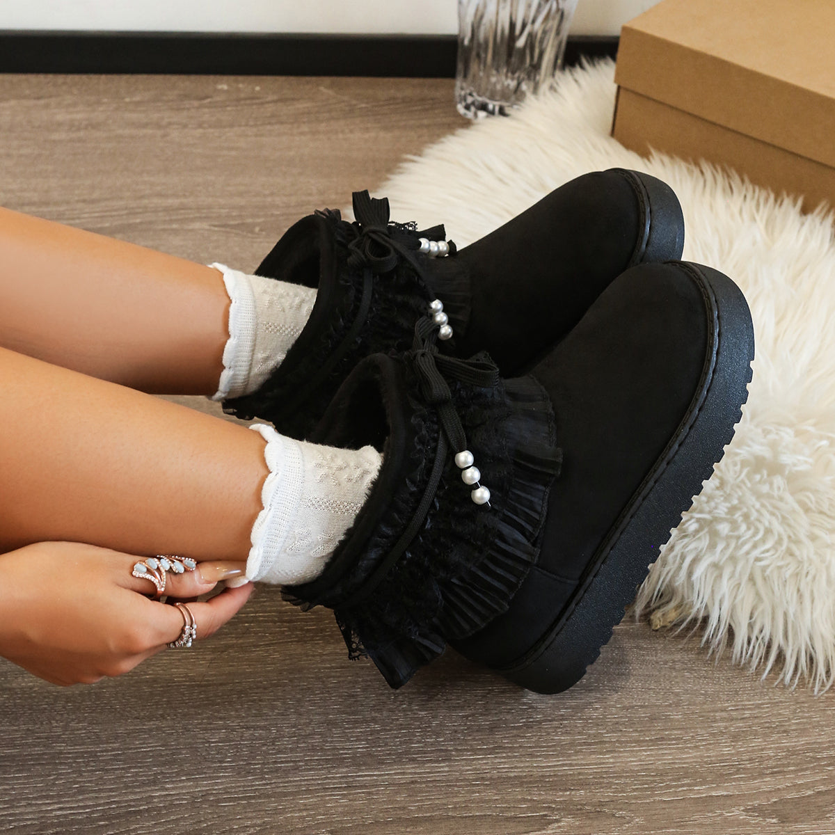 Lace Trim Bow Platform Bottes de neige Femmes Hiver douce polaire doublé épais coton chaud Bo
