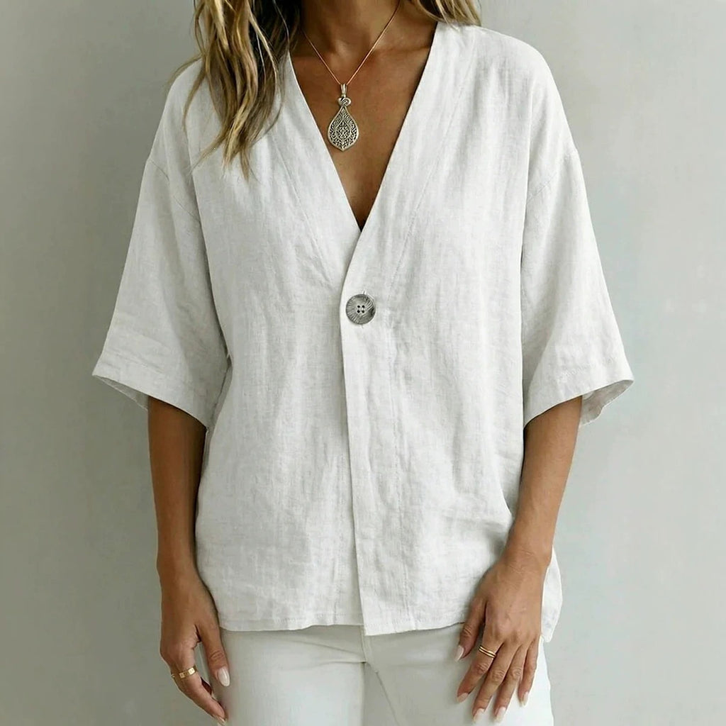 PrintempsÉté Femmes Casual Loose-Fit Solid-Color V-Neck Top avec Boutons