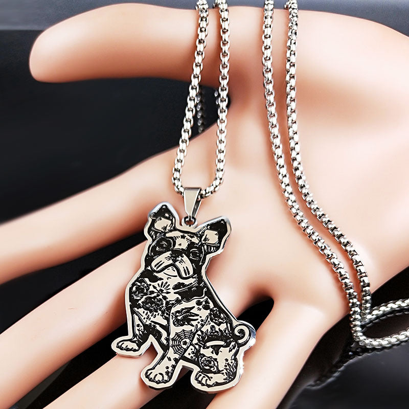 Collier pendentif bulldog français mignon en acier inoxydable à huile noire pour les femmes