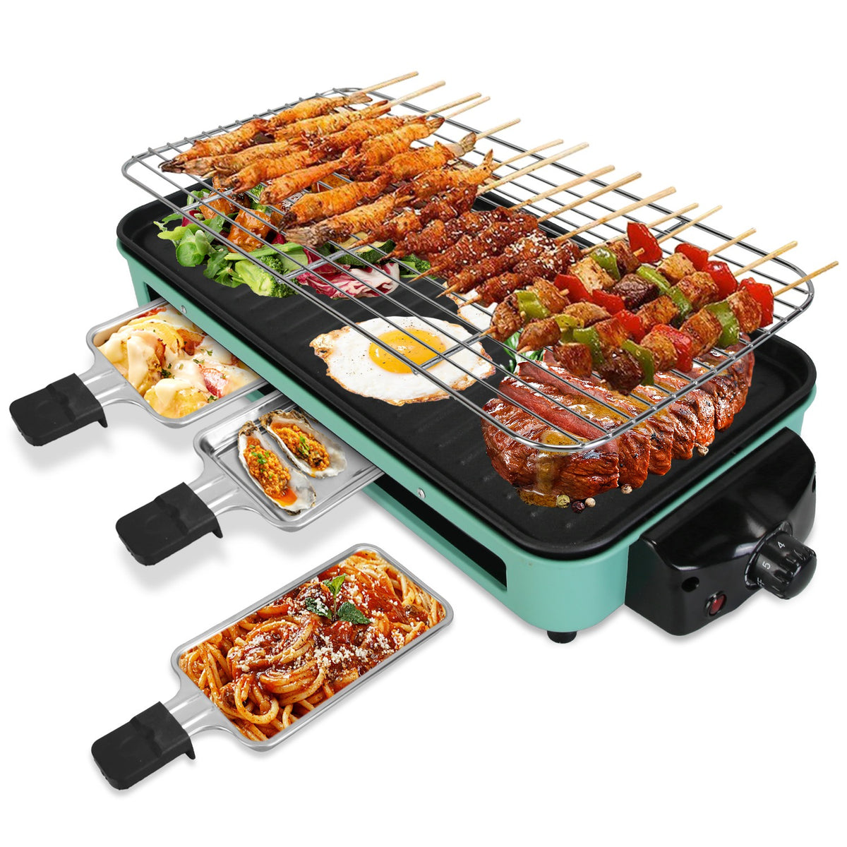 1500W Grill intérieur électrique 2 en 1 BBQ électrique Gill avec grille Net plaque amovible 5 Temp