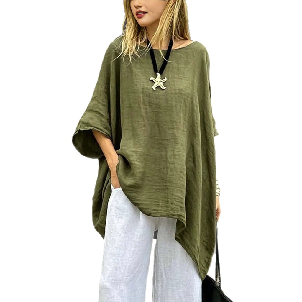 European and American Women's Clothing Summer Amazon Solid Color Loose Round Neck Cotton-l