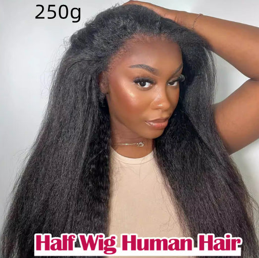 3-en-1 Demi-perruque cheveux humains avec cordon kinky cheveux droits