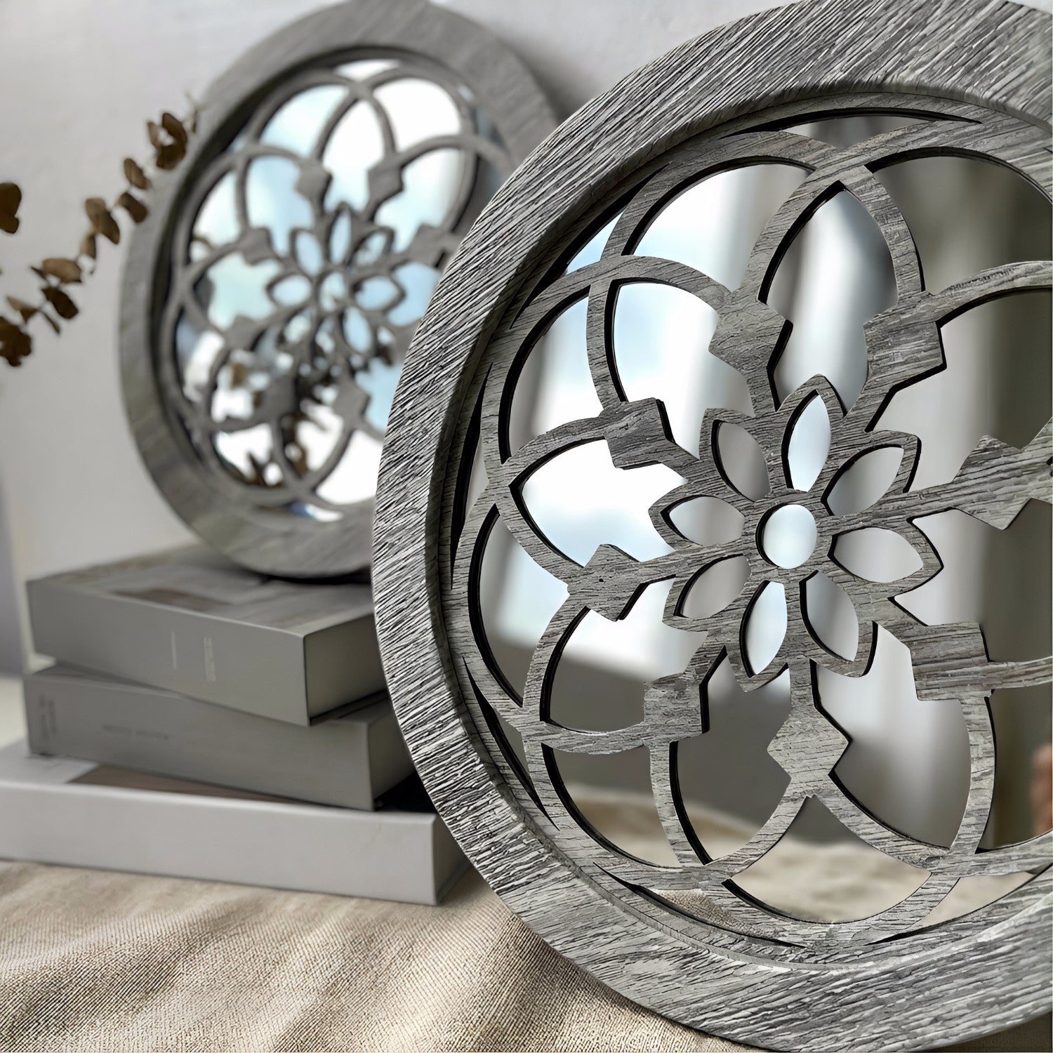 2 Pack Miroir mural en bois rond rustique